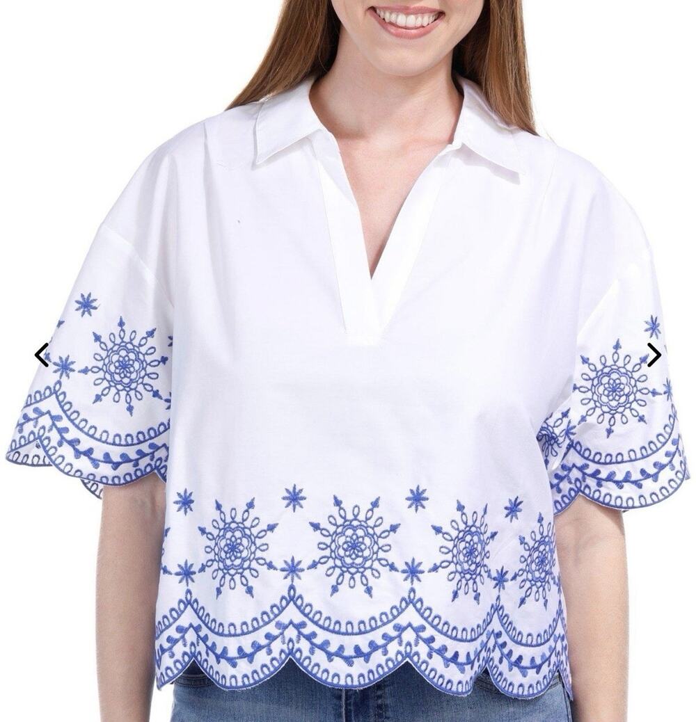 NVLT White/Blue Embroidered Collared Short Sleeve Pullover Blouse Womens M